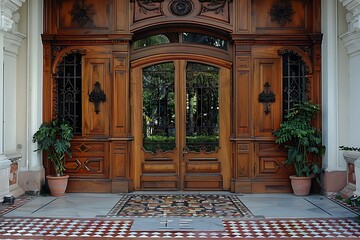 mirrors in large wood elegant huge entrance door of villa