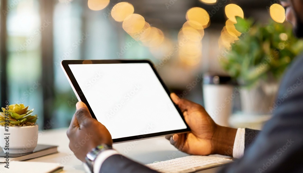 Poster tablet held by man in an office - mockup for application or web design - template for presentation o