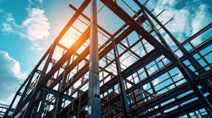 Steel Construction: Building Architecture with Steelwork on Construction Site