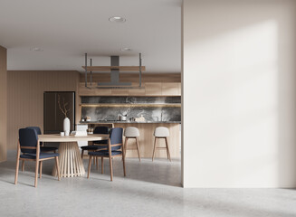 Stylish home kitchen interior with eating and cooking space, wall mockup