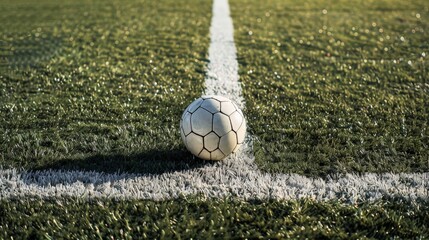 Soccer ball resting on the center spot of the field