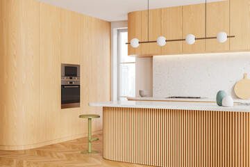 Wooden home kitchen interior with bar island and seat, panoramic window