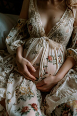 pregnant woman sitting on the sofa. Selective focus.