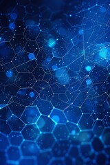Fototapeta premium Abstract geometric blue background frame with a chaotic vector texture of hexagons, particles, and fragments, resembling a cell information grid for business, technology, and medical presentations.