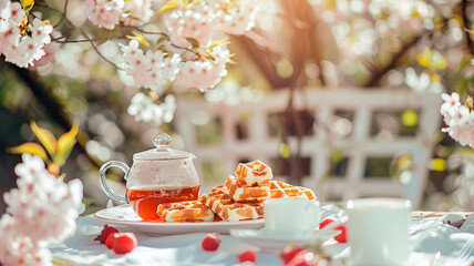 Waffles and tea in the spring garden. Selective focus.