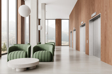 Modern office lobby interior with soft place and coffee table, panoramic window