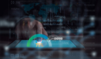A person interacting with a futuristic analytics touch interface, depicting data analysis and...