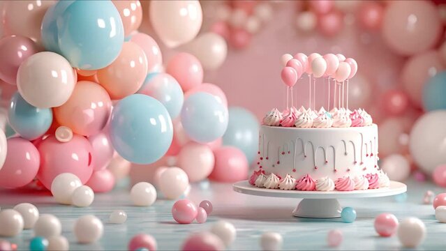 Classic view of a birthday celebration area with cake and a cluster of balloons