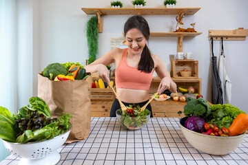 Asian housewife is preparing simple and easy japanese style salad meal for vegan and vegetarian food concept after exercise to get enough nutrition