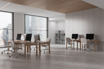 Naklejka na ściany i meble Modern business interior with coworking space and shelf with panoramic window