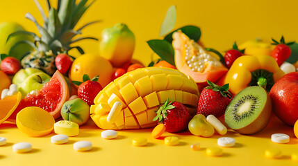 Assorted fruits and vegetables with pills on yellow background, concept of health and nutrition