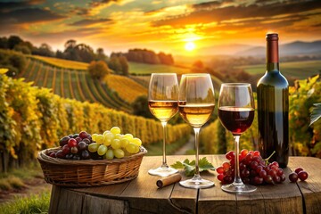 Wine and Vineyards: A picturesque photograph of vineyards, wine bottles, or wine glasses, capturing...