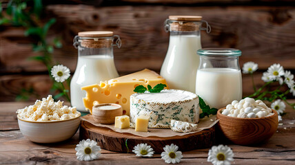 different dairy products on the table. Selective focus.