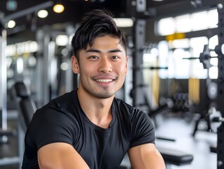 Fototapeta premium Japanese Male Personal Trainer Smiling with Gym Background
