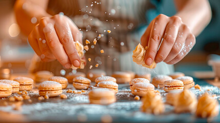 Chef's hands preparing macaroon cakes. Selective focus.