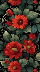 Vibrant red flowers with lush green leaves set against a dark background create a stunning botanical illustration perfect for various decorative uses. 