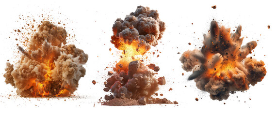 Set of smoke and explosion effect cut out, illustration of a burning fire. Isolated on transparent background.