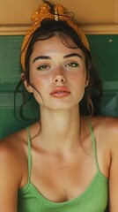 A young woman with freckles wearing a green top and an orange headband poses against a green background, giving a soft, contemplative gaze towards the camera. 