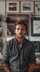 Fototapeta premium A confident young man with a slight smile stands in a room adorned with framed artwork, exuding creativity and professionalism. 