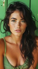 A captivating woman with freckles stands against a green background, exuding a natural beauty and allure