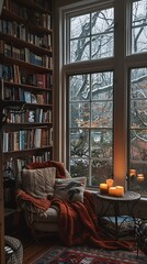 Cozy reading nook with a comfortable chair and lit candles by a tall window overlooking a snowy landscape. 