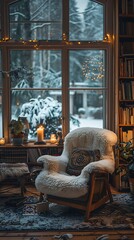 Cozy winter interior with a comfortable armchair, bookshelves, and a snowy view through the window creates a perfect reading nook. 
