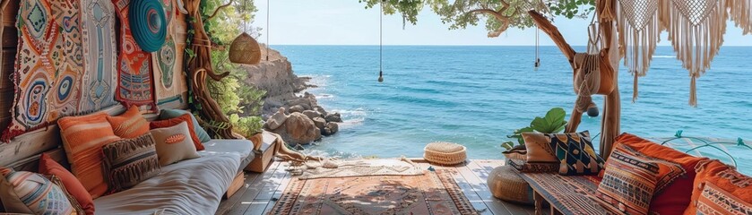 A cozy boho themed beach hut decorated with colorful tapestries and macrame, overlooking a serene ocean