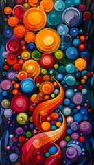 Abstract, colorful painting depicting numerous spherical shapes of various sizes and colors. The spheres resemble planets, moons, or celestial bodies. The color palette is vibrant