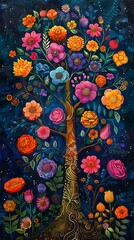 A vibrant and colorful illustration of a whimsical tree adorned with various stylized flowers against a starry night background.