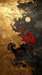 Abstract golden and black swirls with a hint of red resembling an elegant artistic expression on a vertical canvas, perfect for contemporary decor themes. 