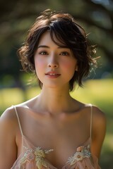Portrait of a young woman with a gentle expression, against a blurred natural background with warm sunlight filtering through the trees. 
