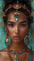 A young woman adorned with elaborate traditional jewelry poses with a captivating and intense gaze. 