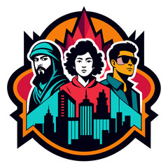 Visually striking sticker featuring a stylized city skyline backdrop, enhanced by vibrant street art elements and the presence of chic, trendsetting individuals in sleek urban attire