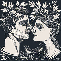 Man and woman, branches with leaves and birds, vector illustration
