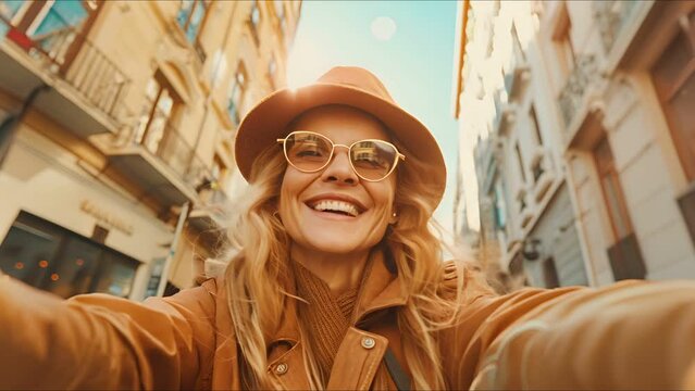 happy woman face, closeup in an intimate picnic scene, taking playful selfie in city