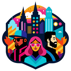 Visually striking sticker featuring a stylized city skyline backdrop, enhanced by vibrant street art elements and the presence of chic, trendsetting individuals in sleek urban attire