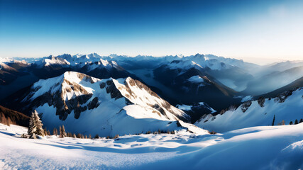 A panoramic view of a snow-capped mountain range, with clear blue skies and a carpet of alpine meadows below