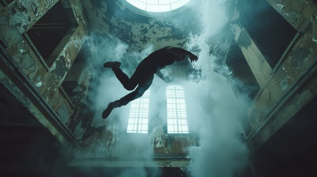 A slow-motion shot of a stunt performer executing a daring action sequence, highlighting their athleticism