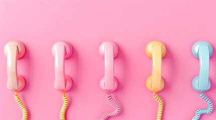Vibrant Telephone Receivers in a Row on Pink Background. A Retro Communication Concept with Modern Twist. Perfect for Marketing and Tech. AI