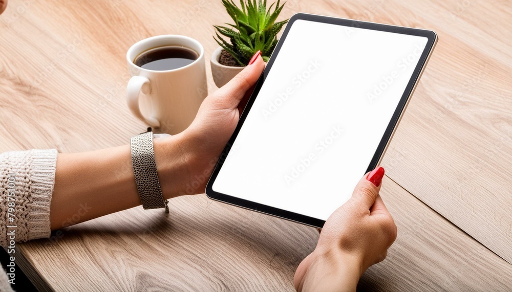 Poster tablet held by woman in an office - mockup for application or web design - template for presentation
