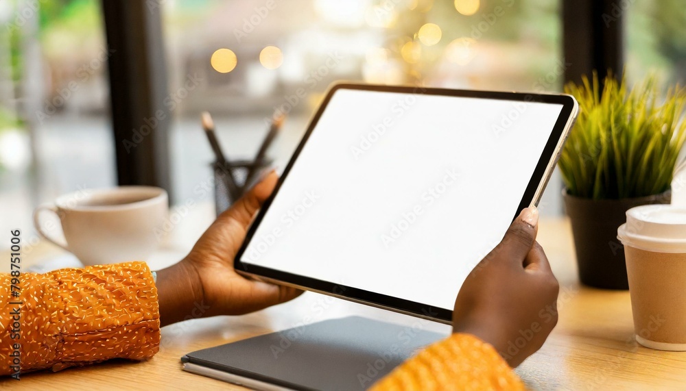 Poster tablet held by woman in an office - mockup for application or web design - template for presentation
