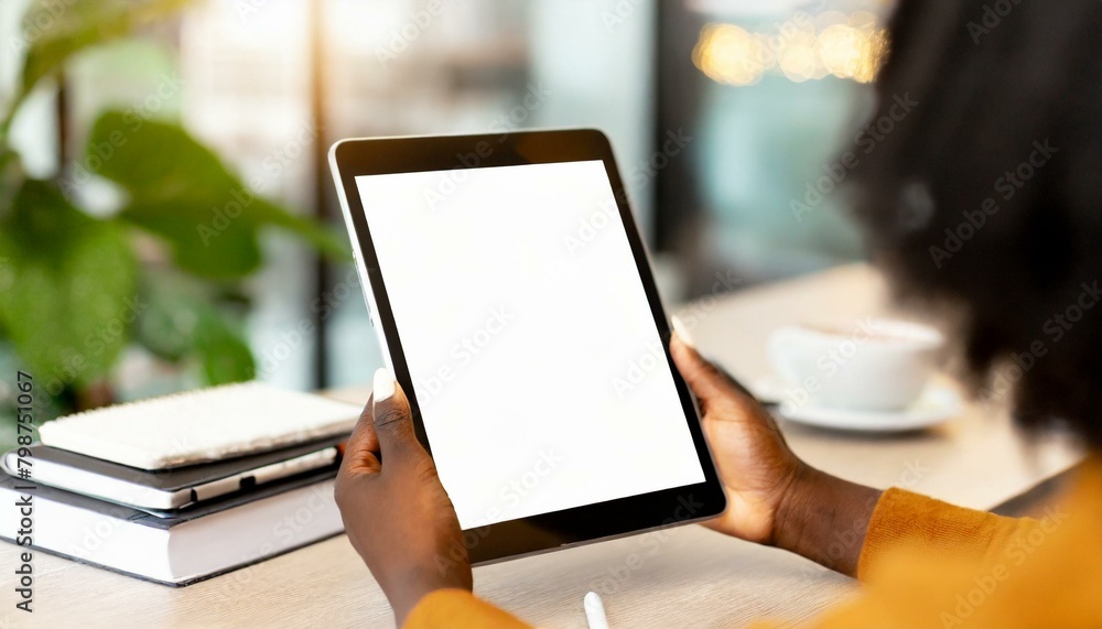 Poster tablet held by woman in an office - mockup for application or web design - template for presentation
