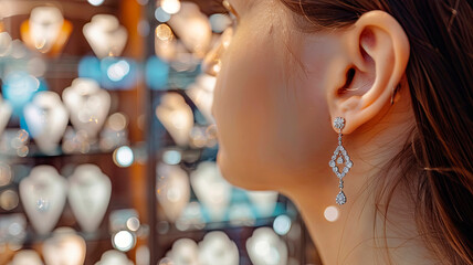 A girl tries on earrings in a jewelry store. Selective focus.