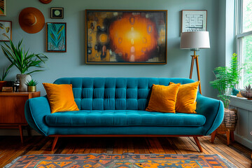 Stylish Mid-Century Modern Living Room With Teal Couch