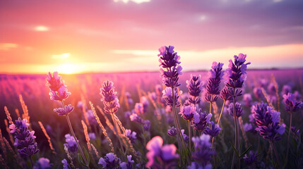 Beautiful lavender meadow under sunset sky