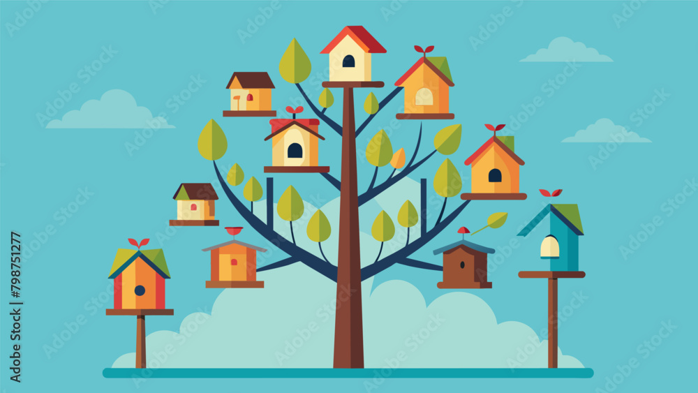 Poster a lone tree displaying multiple birdhouses each one representing a different period in american hist