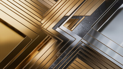 A shiny metallic background of gold and rhodium, formed by straight and curved lines.