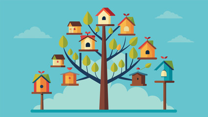 A lone tree displaying multiple birdhouses each one representing a different period in American history serving as a reminder of the countrys journey. Vector illustration