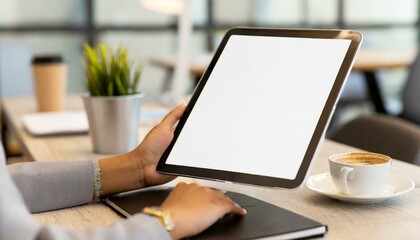 Tablet held by Woman in an Office - Mockup for Application or Web Design - Template for Presentation of Graphic Design - Corporate Representation at Consumers