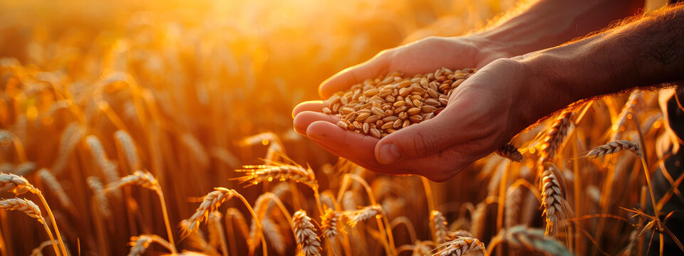 wheat in the hands of a farmer in the field. Selective focus.